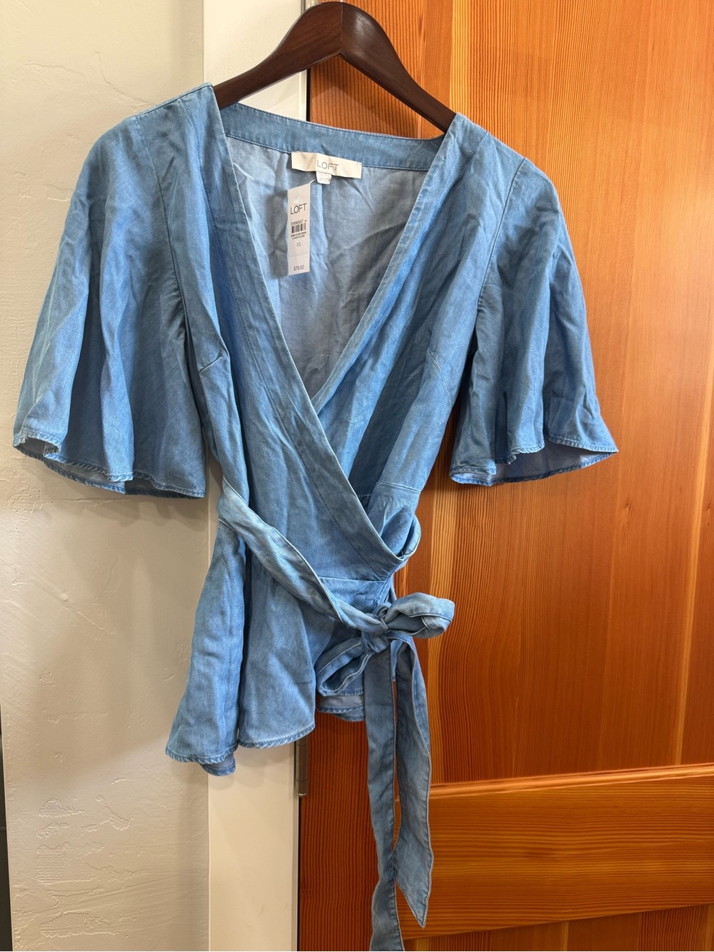 LOFT Light Blue Wrap Blouse with Flutter Sleeves